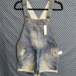 Dari - Girls denim short overalls with small pink stitching. Size- XL